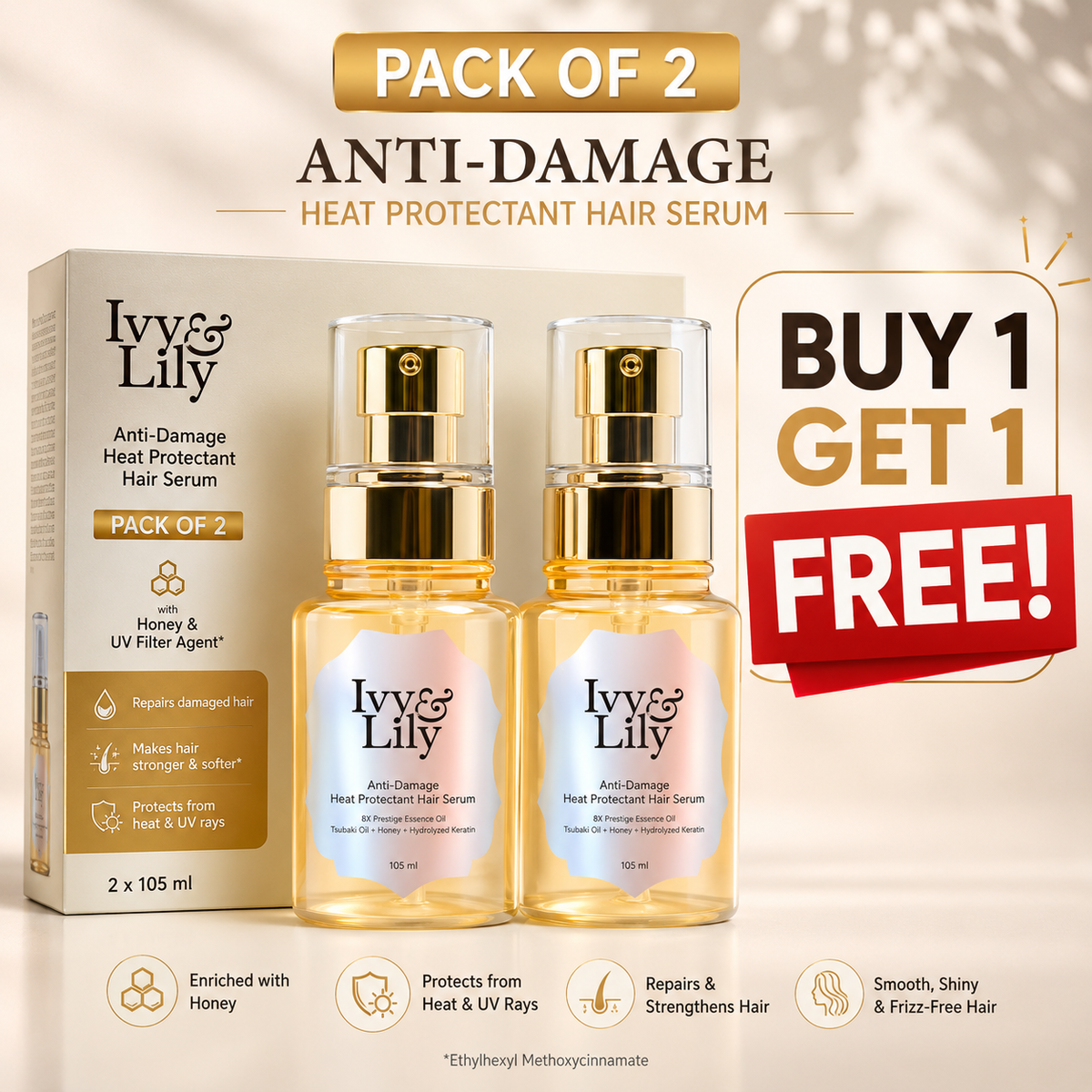 Ivy & Lily™ Anti-Damage Heat Protectant Hair Serum – Pack of 2